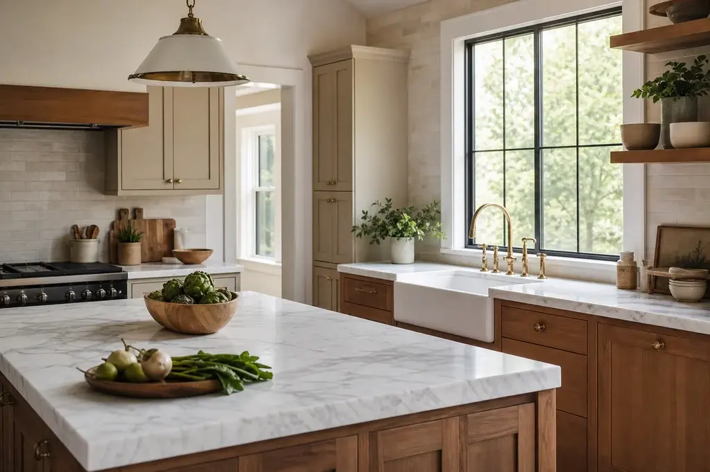 White Carrara marble island and perimeter countertops with warm wood cabinets, farmhouse sink, and brass faucet in a transitional kitchen