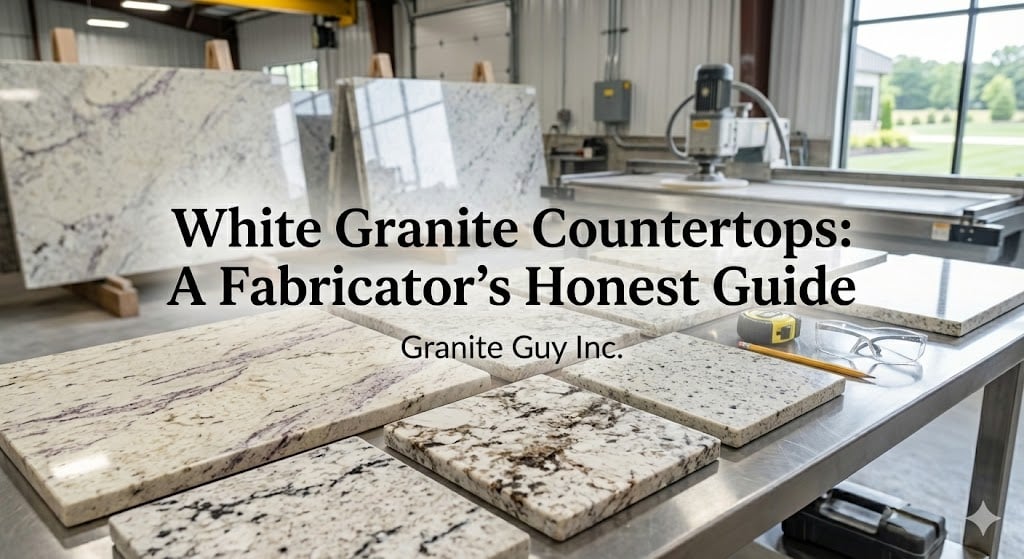 A collection of various white granite countertop samples showing different veining and patterns, laid out on a workbench in a stone fabrication shop with tools and safety glasses, illustrating a fabricator's guide.