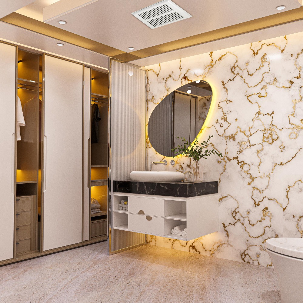 golden white marble bathroom interior design 3d illustration - Granite Guy Inc.